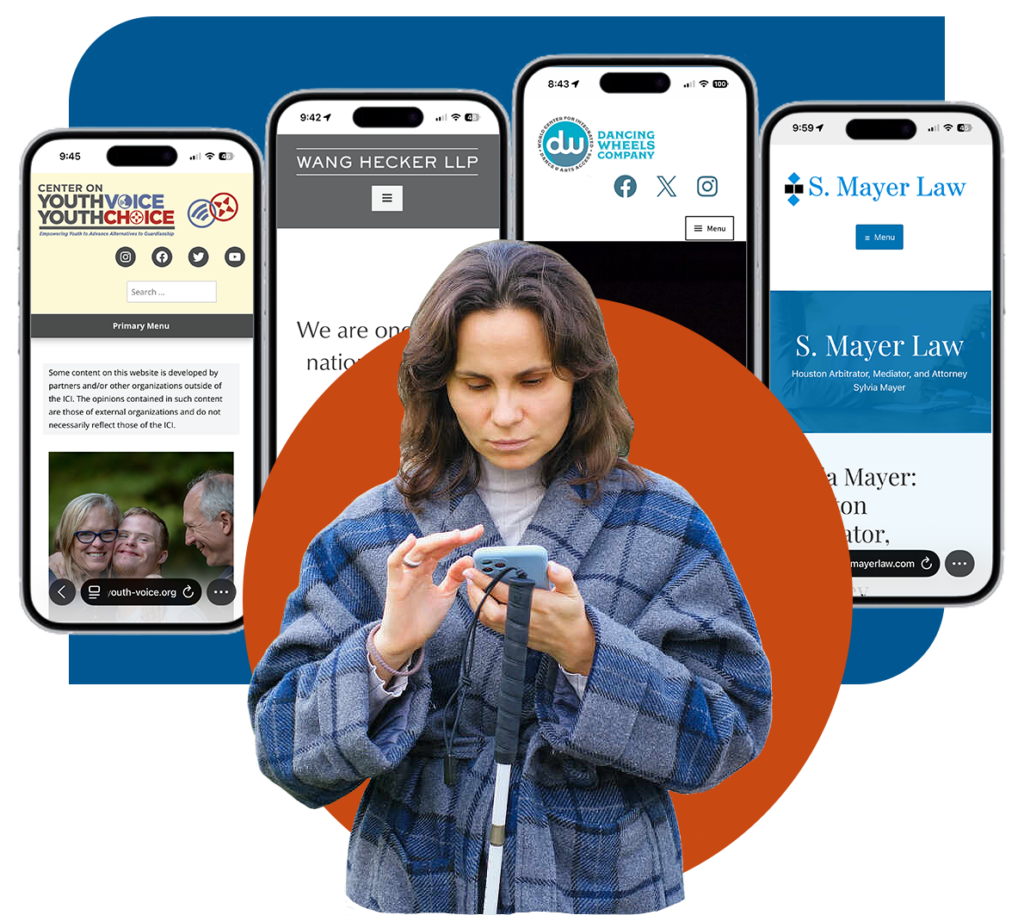 Feminine-presenting person holding white cane using mobile device with designs of four mobile websites behind them along with geometric shapes. 